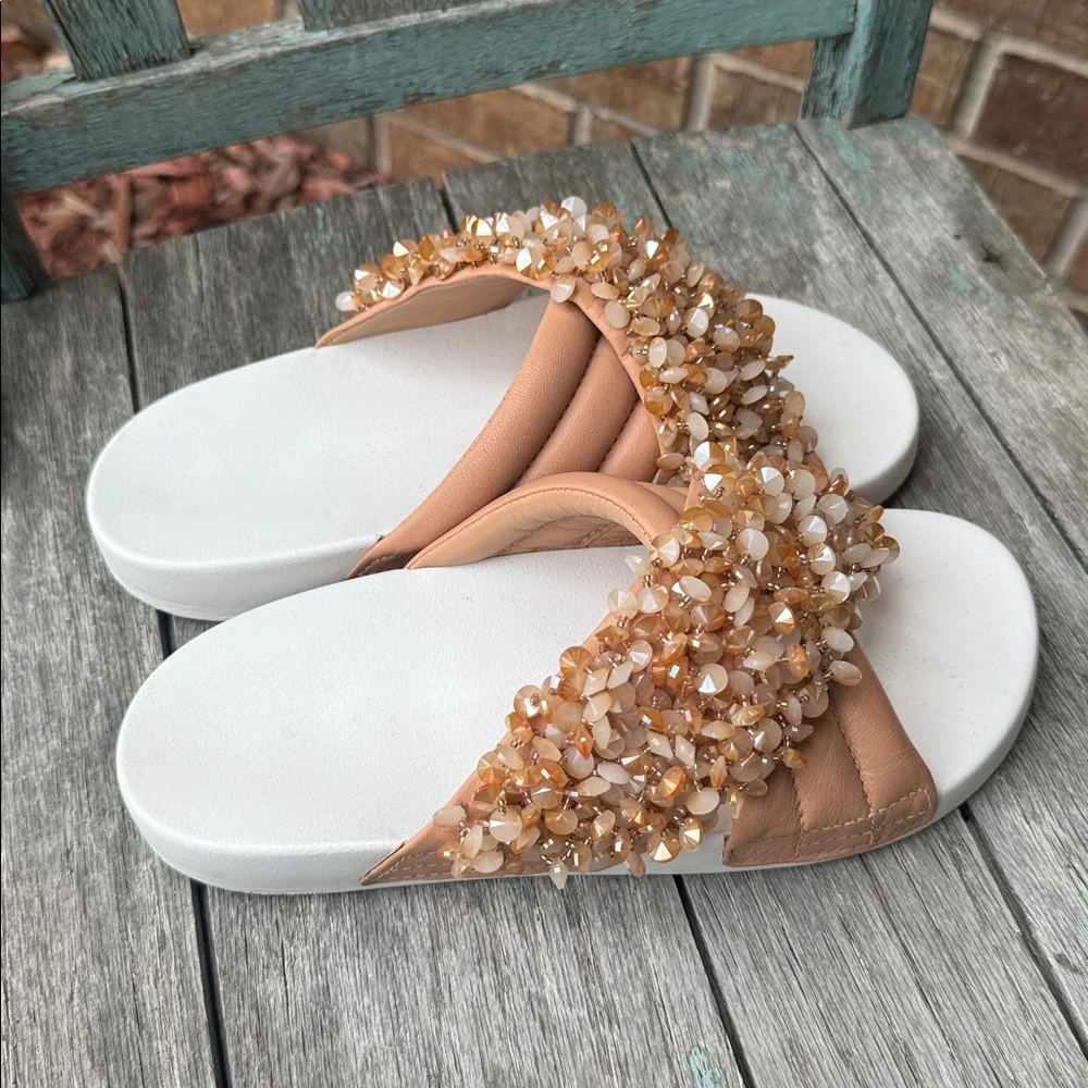 Embellished Tan Slide Sandals for Women - Bead Accent